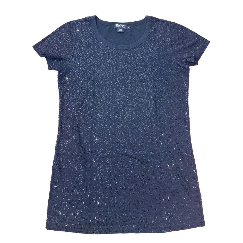 DKNY Women Black Full Sequin Short Sleeve T-Shirt Top Size P Petite